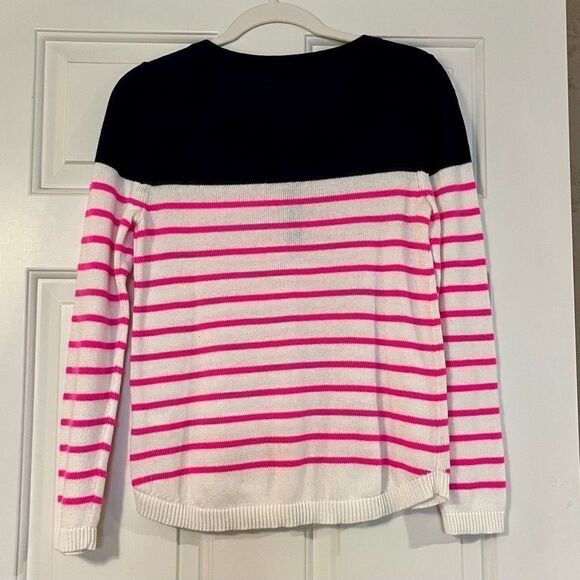 Lilly Pulitzer Long Sleeve Adair Sweater Pink White Stripe Blue Button Top Mediu - Picture 2 of 9